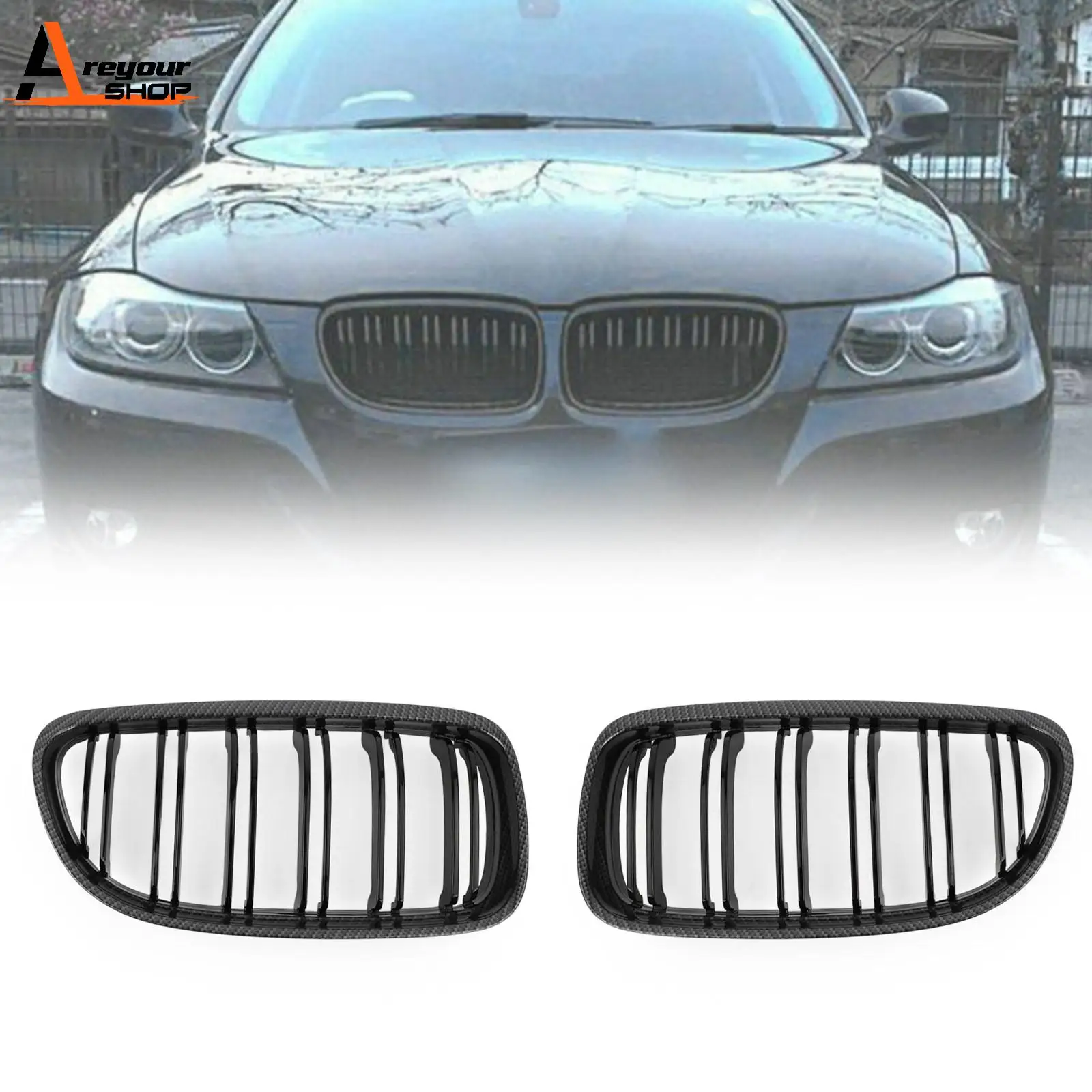 Areyourshop Front Kidney Grill Grilles Carbon Fiber Fit For BMW E90/E91 LCI 3 Series 2008 2009 2010 2011 2012 02HGL1106ABK Car