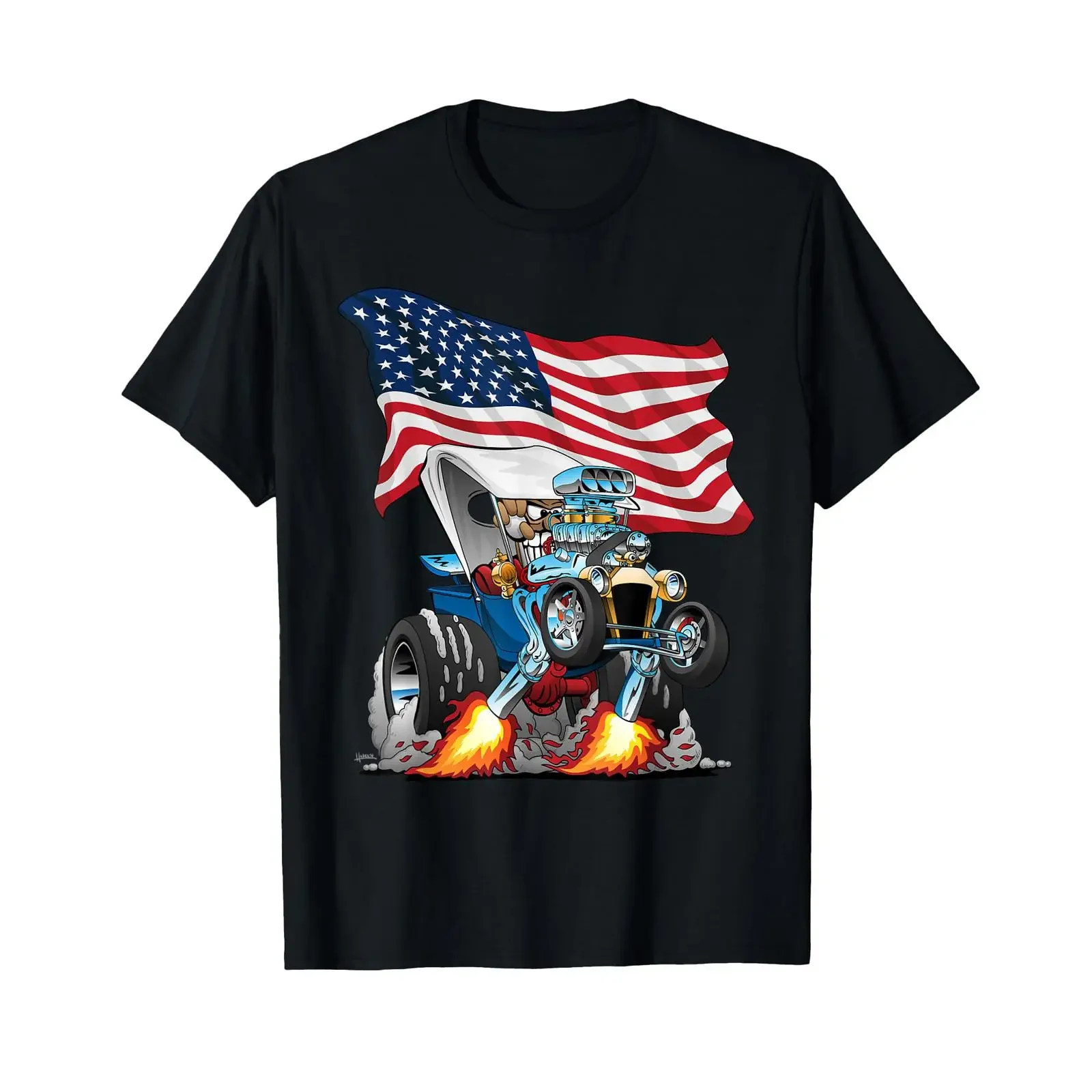 T bucket Style Car Hotrod USA Flag Patriotic Cartoon Design Shirt vintage Washed Unisex Casual Stretched Breathable