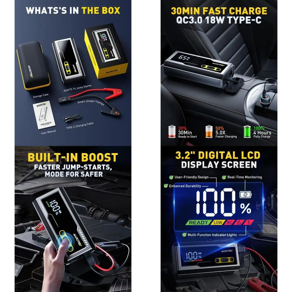 

Jump Starter 8000A Портативный автомобильный аккумулятор Jump Starter с большим ЖК-дисплеем Jump Starter с умными зажимами Power Bank Emergency Fl