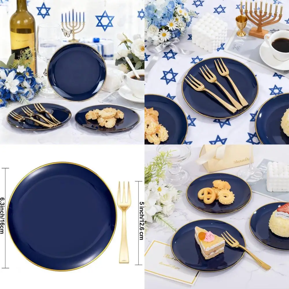 

200 Navy Blue Gold 6.3 Dessert Plates with 5 Forks for 200 Guests - Ideal for Hanukkah, Birthday, and New Year Celebrations
