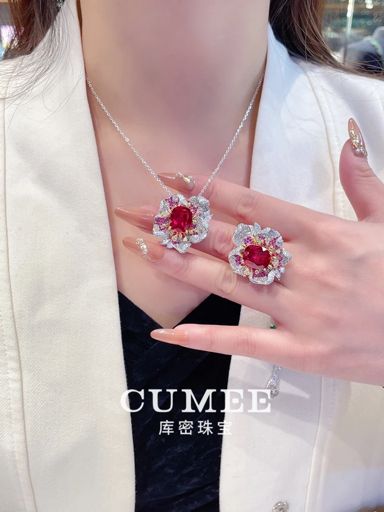 Cumee Fine Jewelry Peony Series Noble Cultivation Синтетический рубин Кольцо Серьги Брошь Набор для женщин. Посеребренное золото 925.