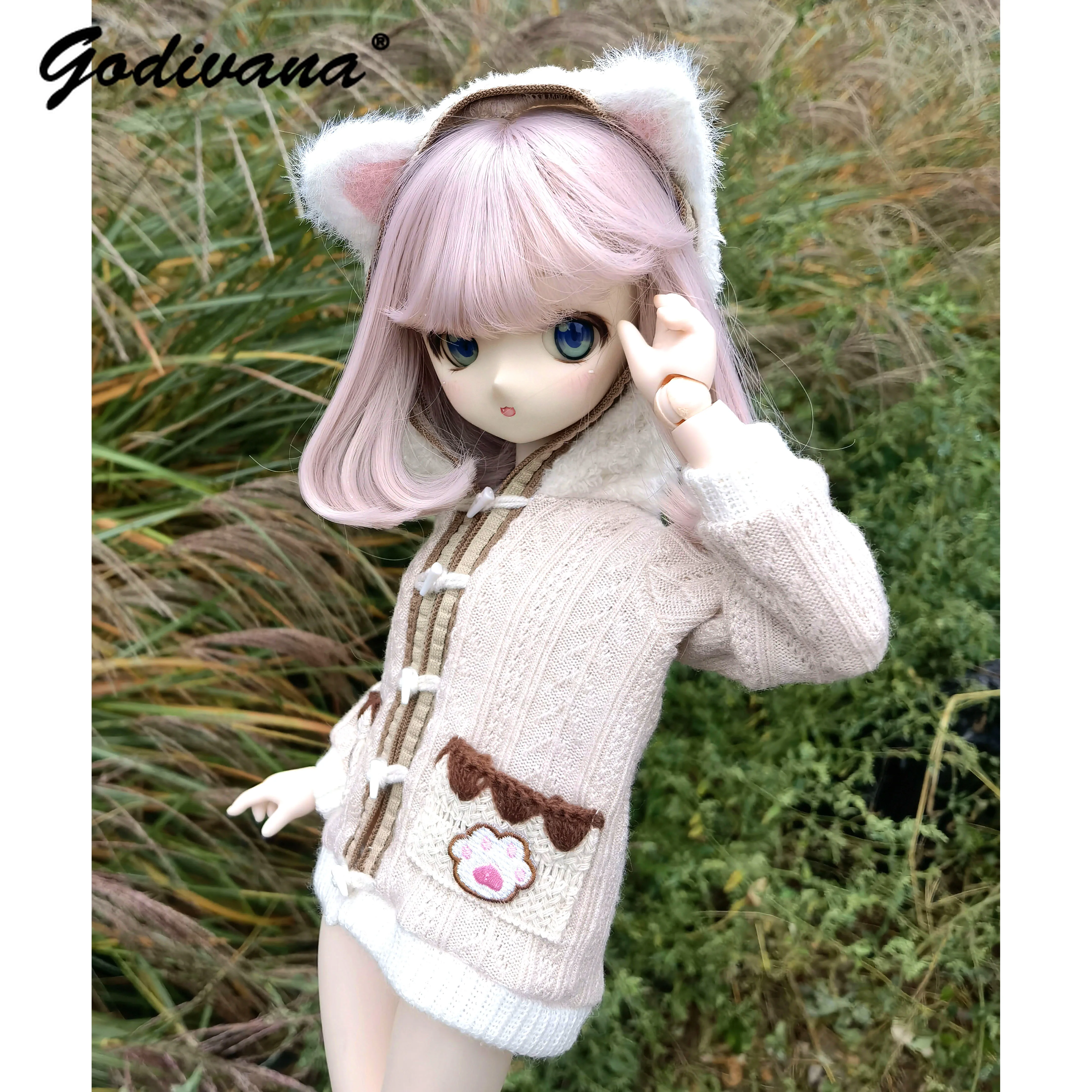 1/4 BJD Clothes Autumn and Winter Cat Ear Hat Horn Button Cardigan Sweater Sweet Cute Doll Long Sleeve Hooded Casual Daily Coat