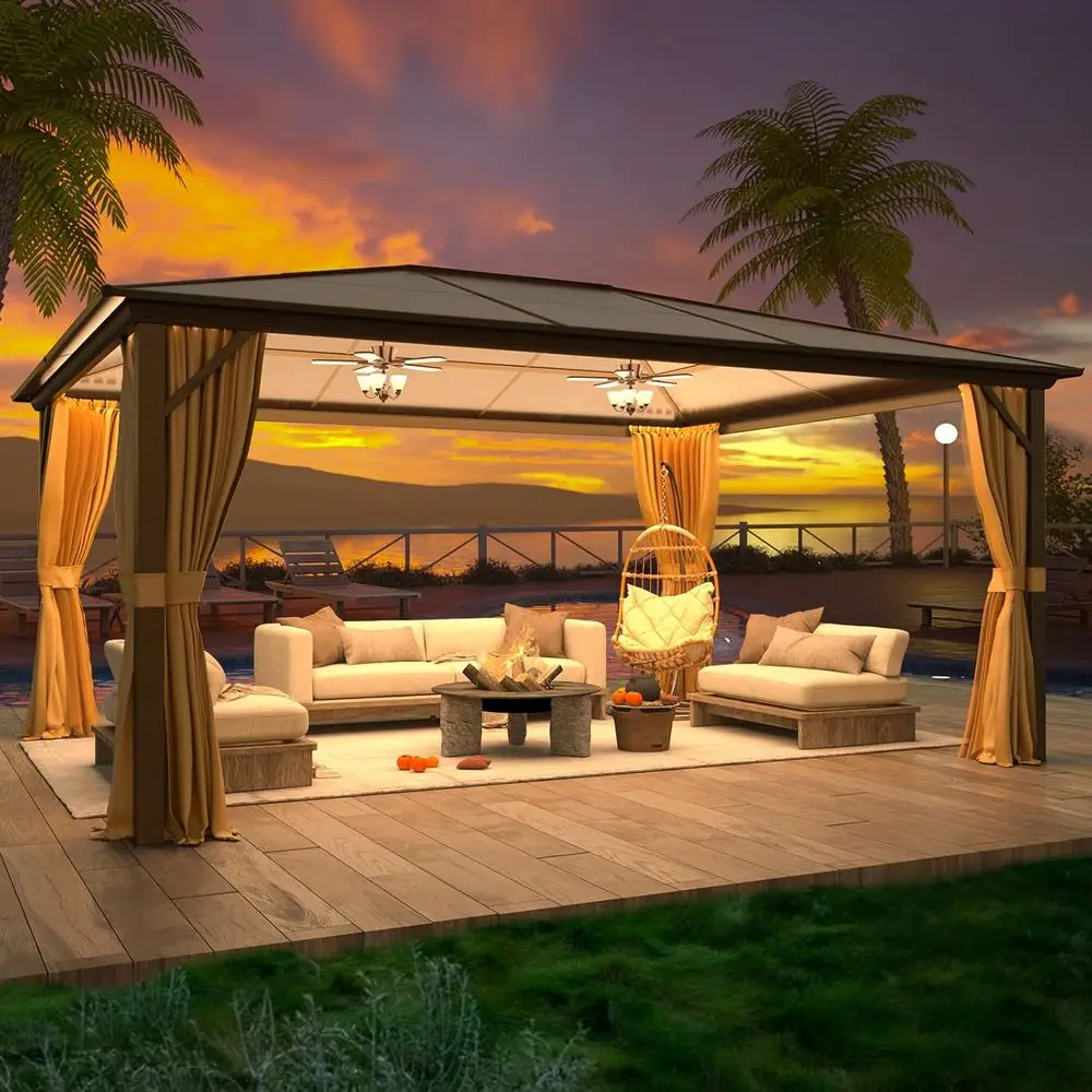 

12'x16' Hardtop Gazebo, Outdoor Polyte Roo , e Permanent Pavilion with Curtains and Netting, Sunshade or Garden, Patio, Lawns, K