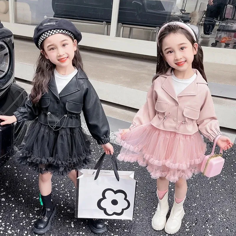 

Girl Clothes Suit Autumn 2023 New Baby Foreign Style Small Fragrant Wind Leather Coat Dress Two-piece Set Kid Clothes Suit
