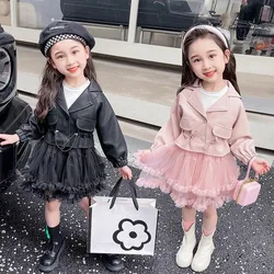 Girl Clothes Suit Autumn 2023 New Baby Foreign Style Small Fragrant Wind Leather Coat Dress Two-piece Set Kid Clothes Suit