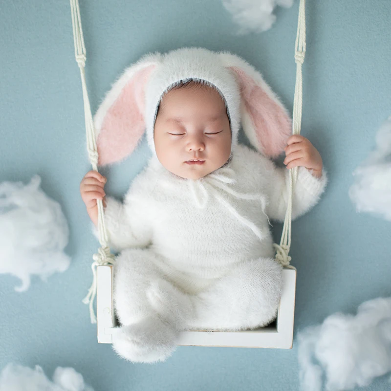 Rabbit Theme Baby Photography Clothing Soft Rabbit Jumpsuit + Hat 2pcs/Set Handmade Animal Doll Baby Photo Shooting Accessories