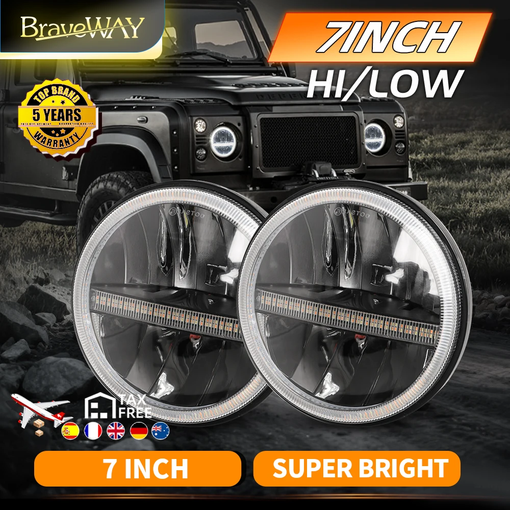 Braveway – phare LED H4 Hi-Low DRL, clignotant pour Jeep Wrangler 4x4 TJ JK LJ CJ Land Rover Defender Hummer 12V 24V, 7 pouces
