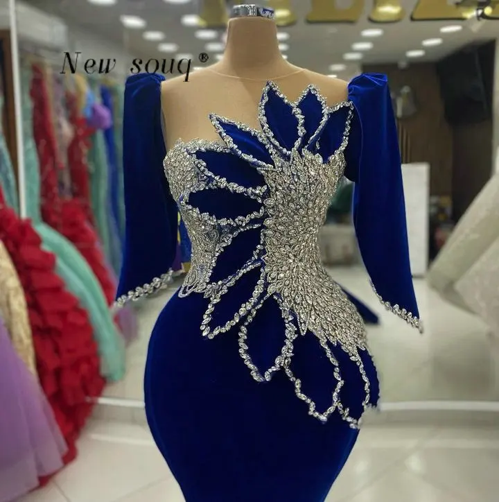 

Royal Blue Long Mermaid Velvet Prom Dresses with Crystals Customized Arabic Formal Occasions Wedding Dinner Party Gowns