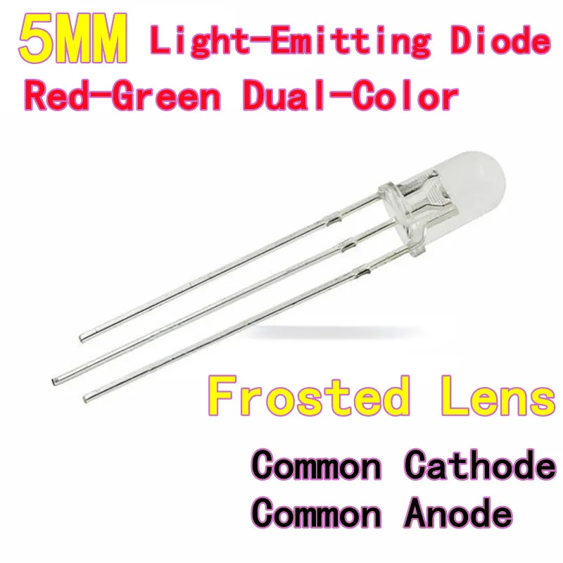 100PCS 5MM F5 LED Light-Emitting Diode Frosted Lens Red-Green Dual-Color Common Cathode/Anode Standard Green with Yellow Tint