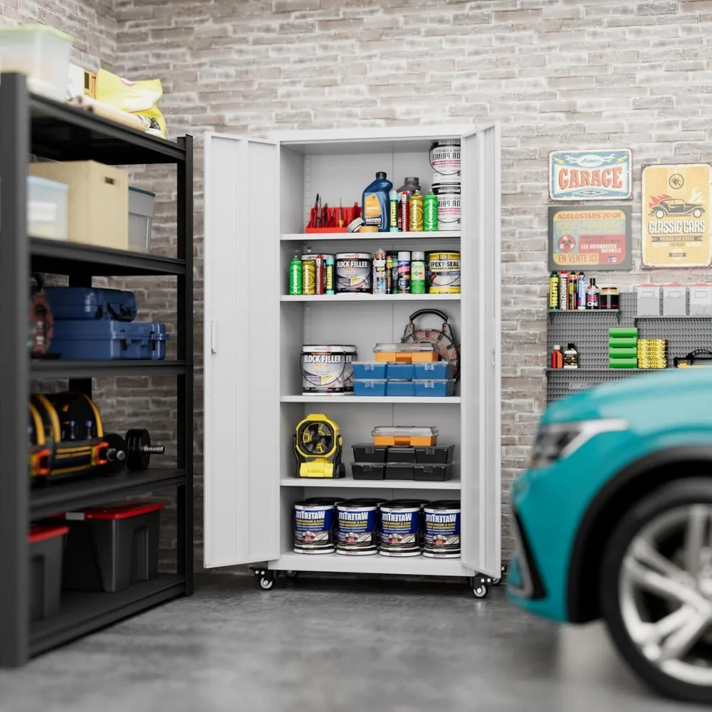 خزانة تخزين معدنية مقاس 73 بوصة على عجلات، وخزانة تخزين جراج بعجلات و4 أرفف قابلة للتعديل، وخزائن متدحرجة #5