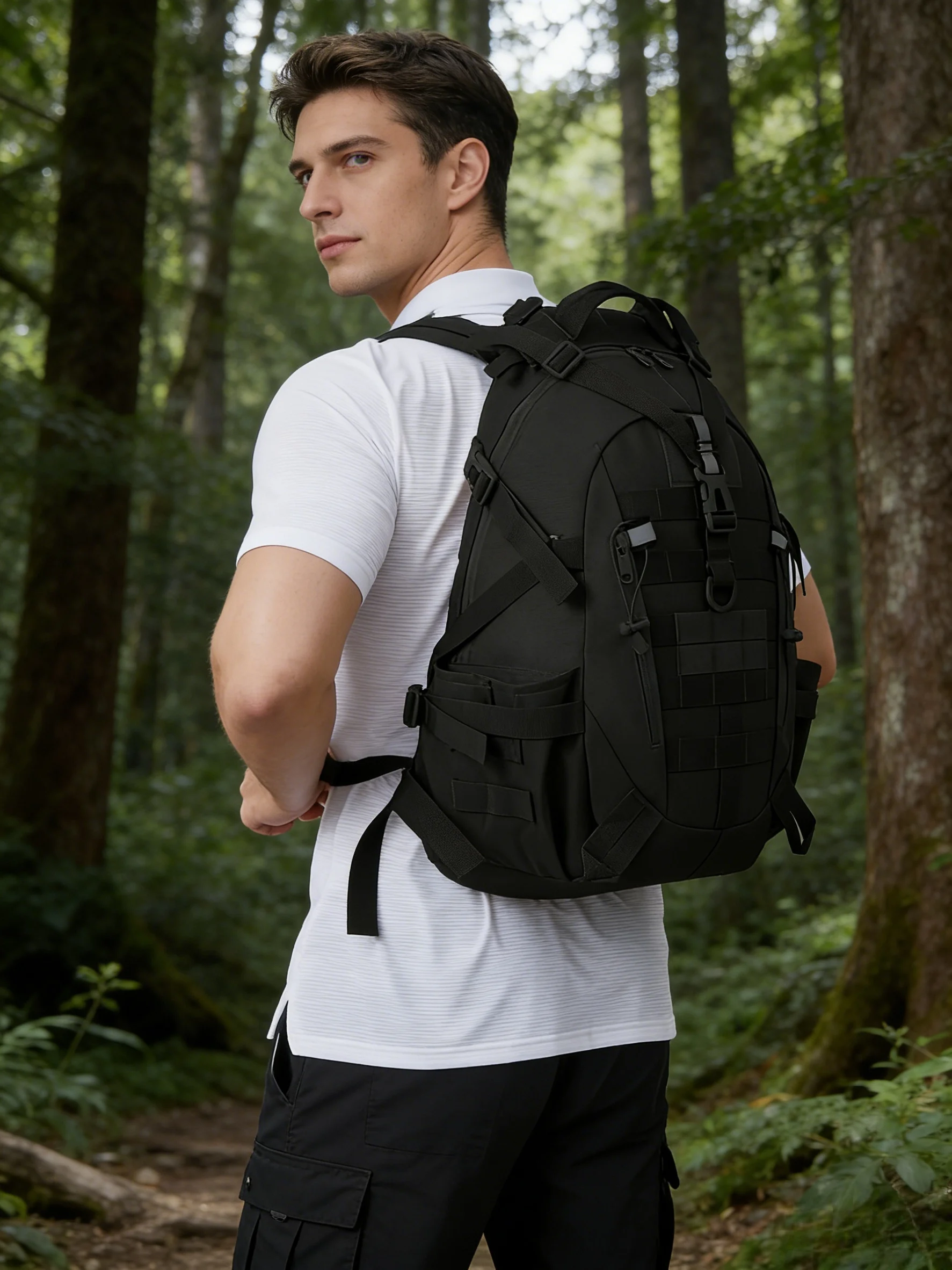 35L Taktischer Rucksack für Männer mit Reflektorstreifen, Modulares MOLLE-Ladesystem, für Klettern, Camping, Wandern, Trekking, Fitness, Reisen, Outdoor, Jagd, Ausrüstungstasche