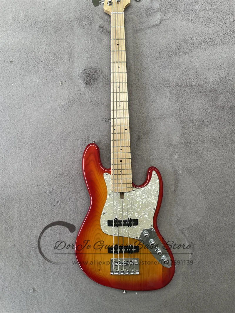 

5 Strings Cherry Sunburst Bass Guitar Jaz Bass ASH Wood Body Maple Neck Tail Adjustment Yellow Pearl Pickguard Active Battery