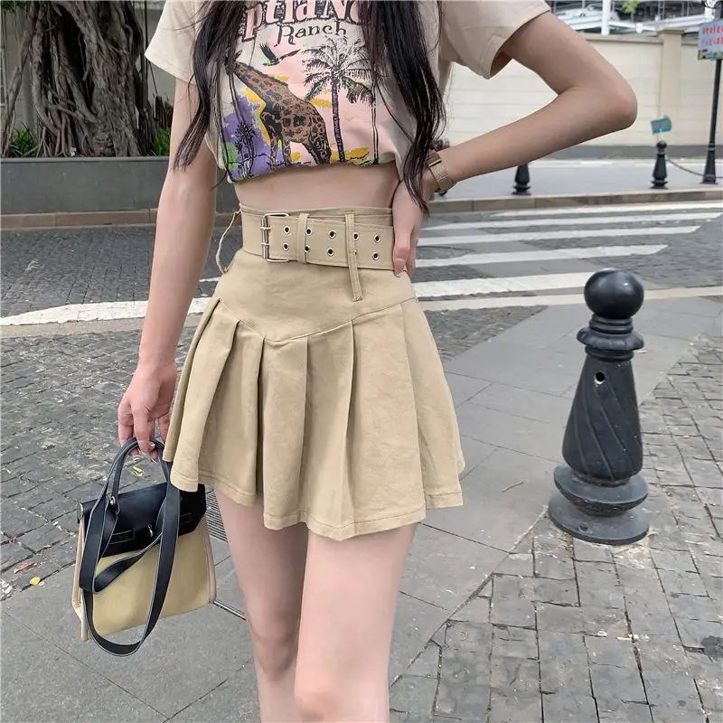 High Waist Pleated Mini Skirts Spring Summer A-Line Hotsweet Vintage Solid Color Basic Women\'s Clothing Stylish Sashes Skirts