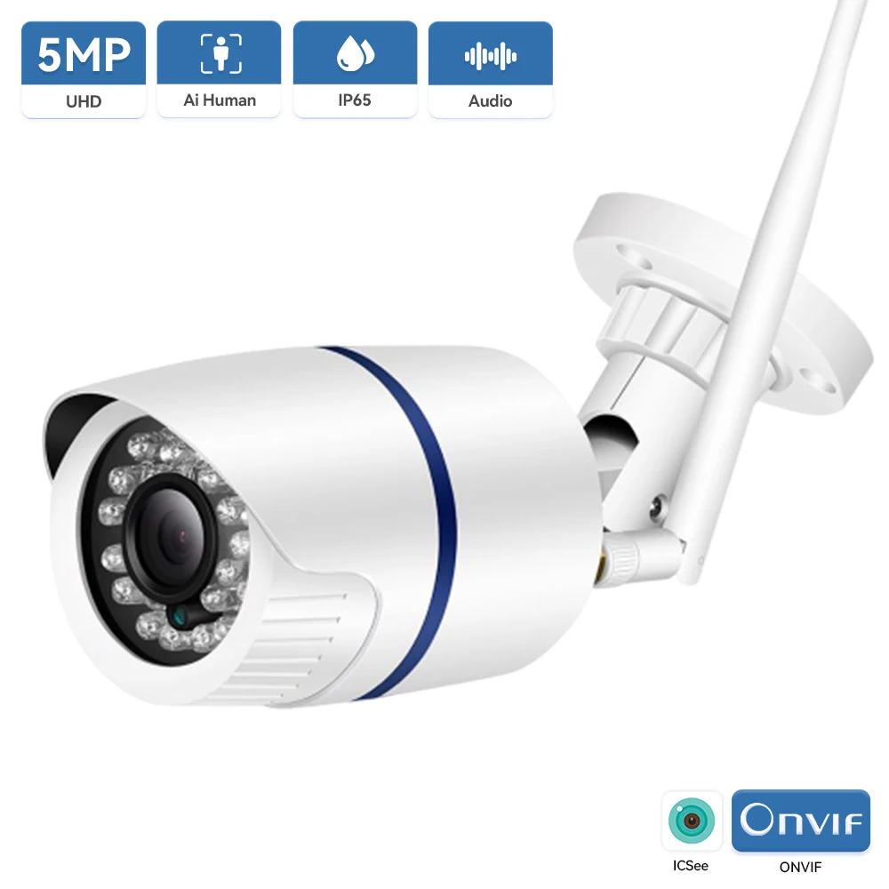 

Hamrolte 5MP Wifi Camera Bullet Waterproof Outdoor ONVIF Wired Wireless IP Camera Audio Record Email Alert iCSee Xmeye Cloud