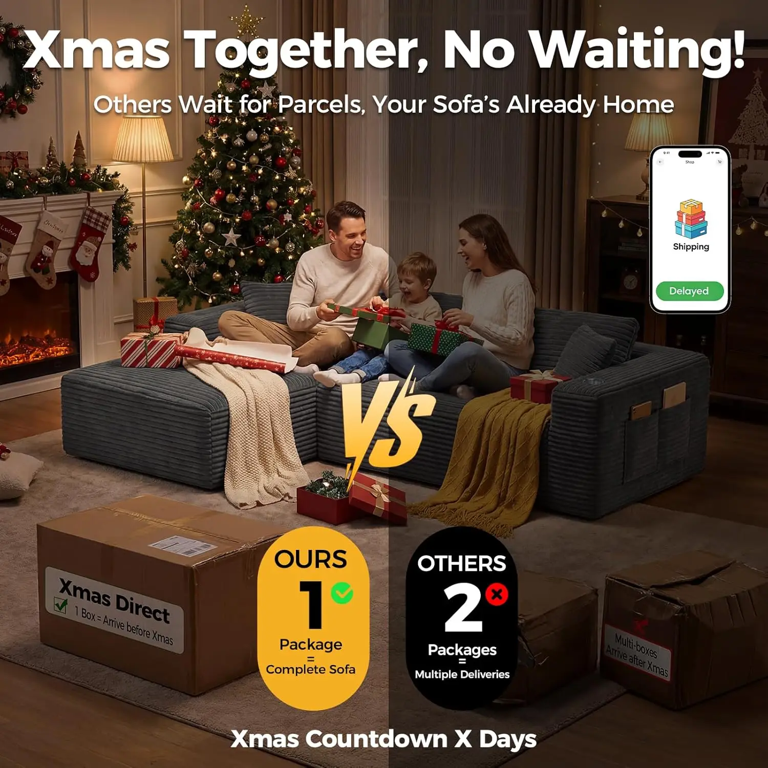 Sofá secional em nuvem de 108" em uma caixa, sofá secional modular comprimido com assento profundo, sofás desossados de veludo