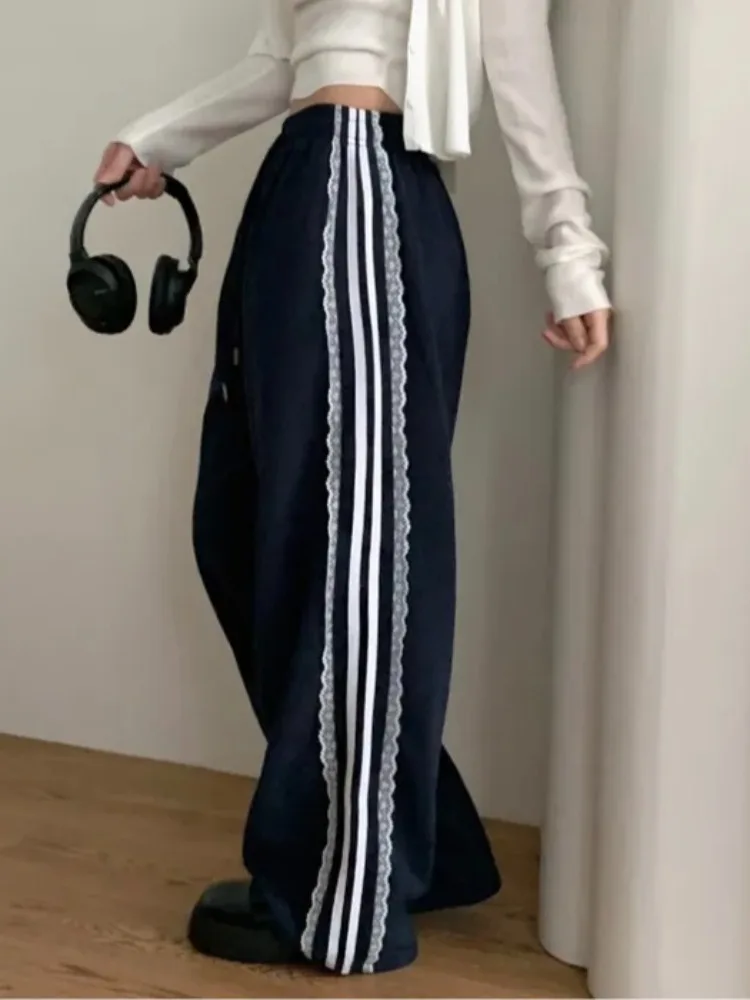 Coreano sle calças casuais femininas rendas guarnição emenda cintura elástica calças compridas versátil design de emagrecimento inverno novo sle