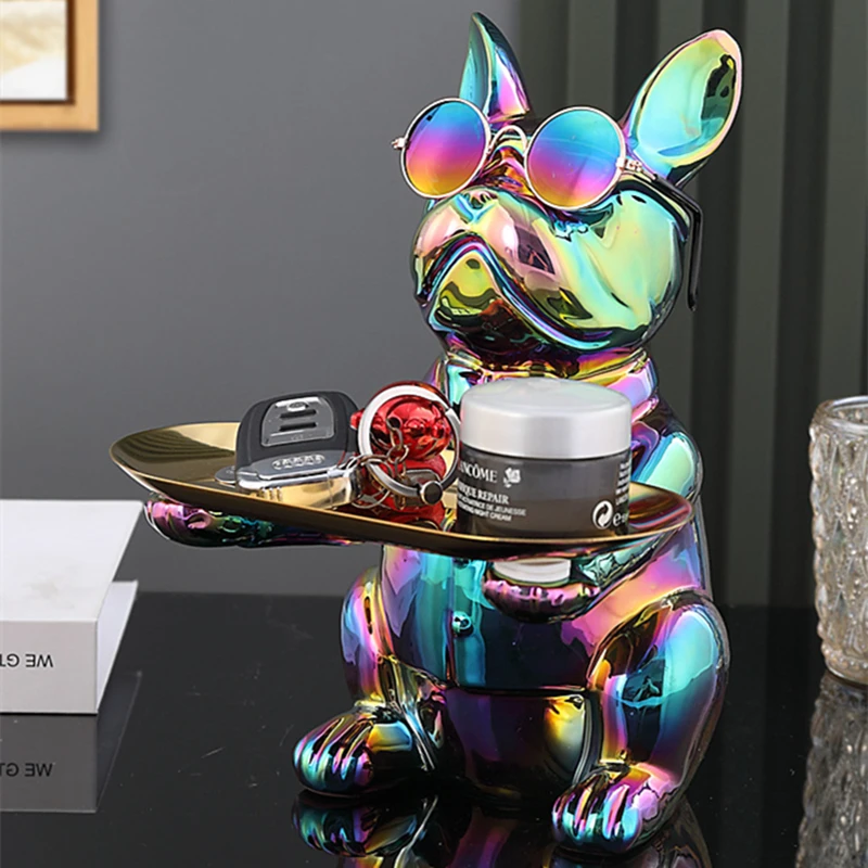 

Plating Resin French Bulldog Storage Tray Nordic Creative Figurines Ornaments Porch Desk Home Decoration Keys Storage Piggy Bank