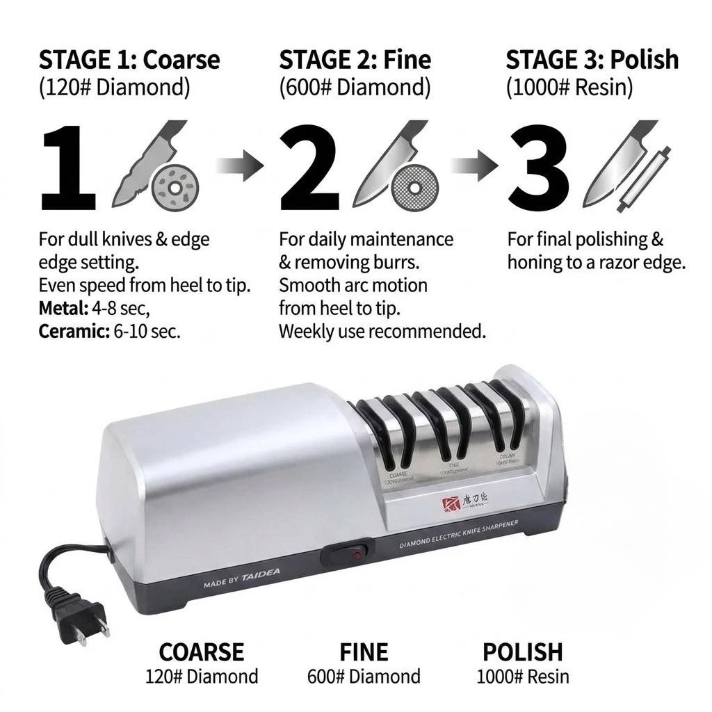 US Stock 18W 3-Stage Electric Diamond Knife Sharpener 15 Degree Angle Guide Sharpening System, US Plug Professional Sharpener