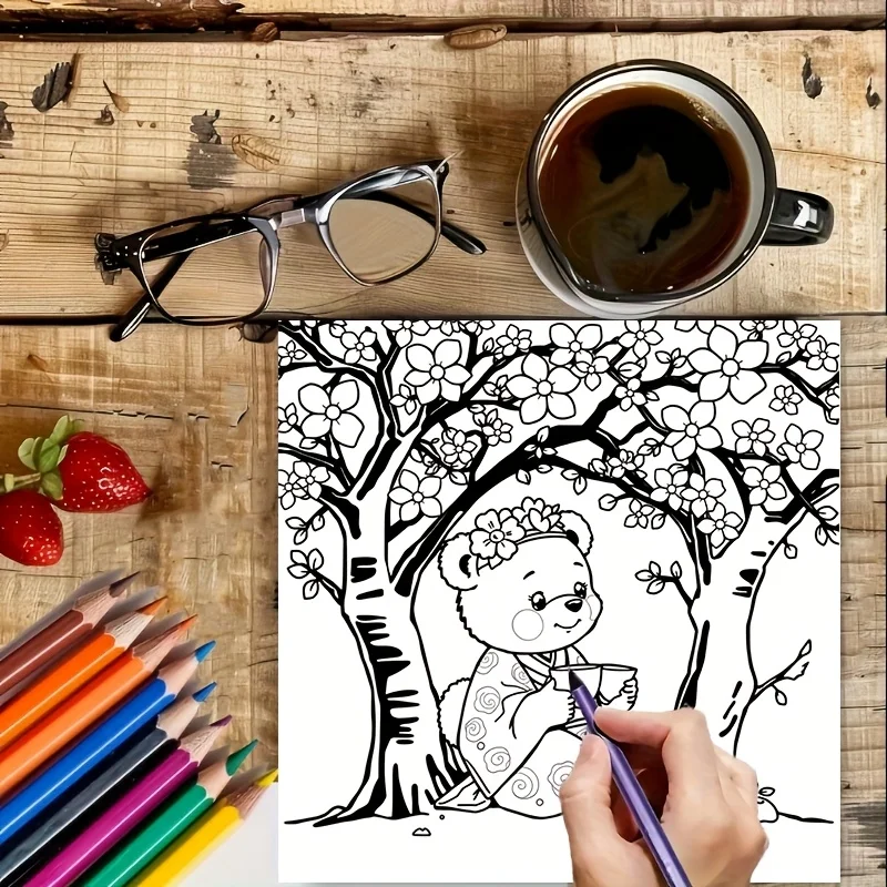 28 Pages Cute Bear in Japan Coloring Book for Adult Stress Reduction | Colouring Book for Stress Relief and Mood Reduction