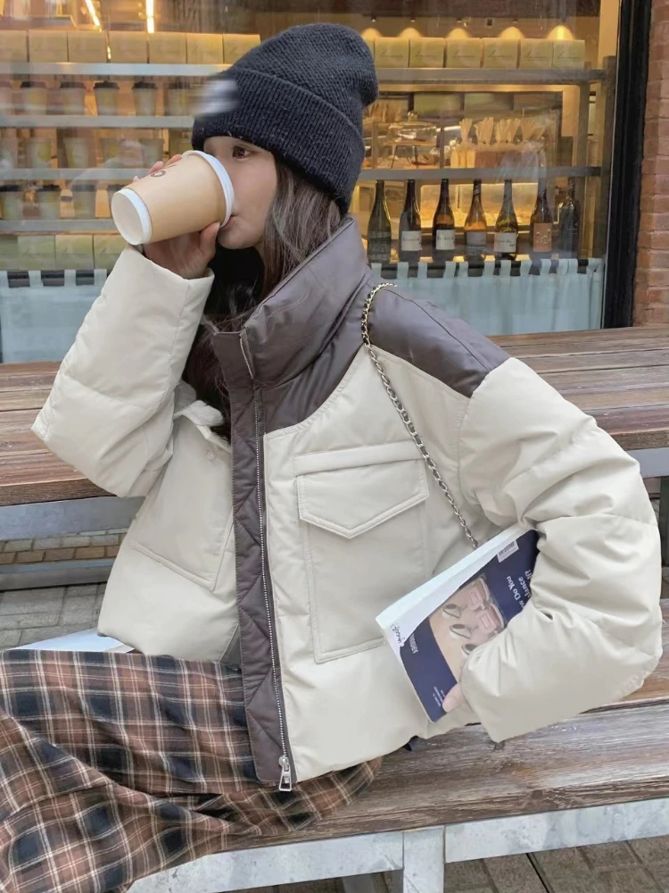 Sweet Patchwork Cropped Jacket Winter Warm Puffer Jacket Women Stand-up Collar Thick Windproof Loose High Waist Coat Streetwear