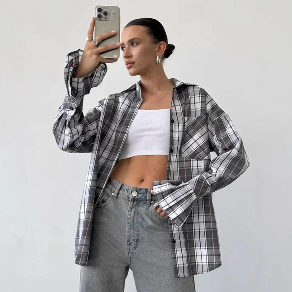

Women Blouses Single Breasted Shirt Plaid Blouse Turn Down Collar Shirts Cardigan Buttons Pockets Loose Fit High Street