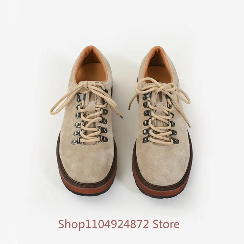 Nordic Minimalist Men Casual Leather Shoes Brushed Cowhide Outdoor Work Shoes Thick-Soled Hiking Derby Shoes