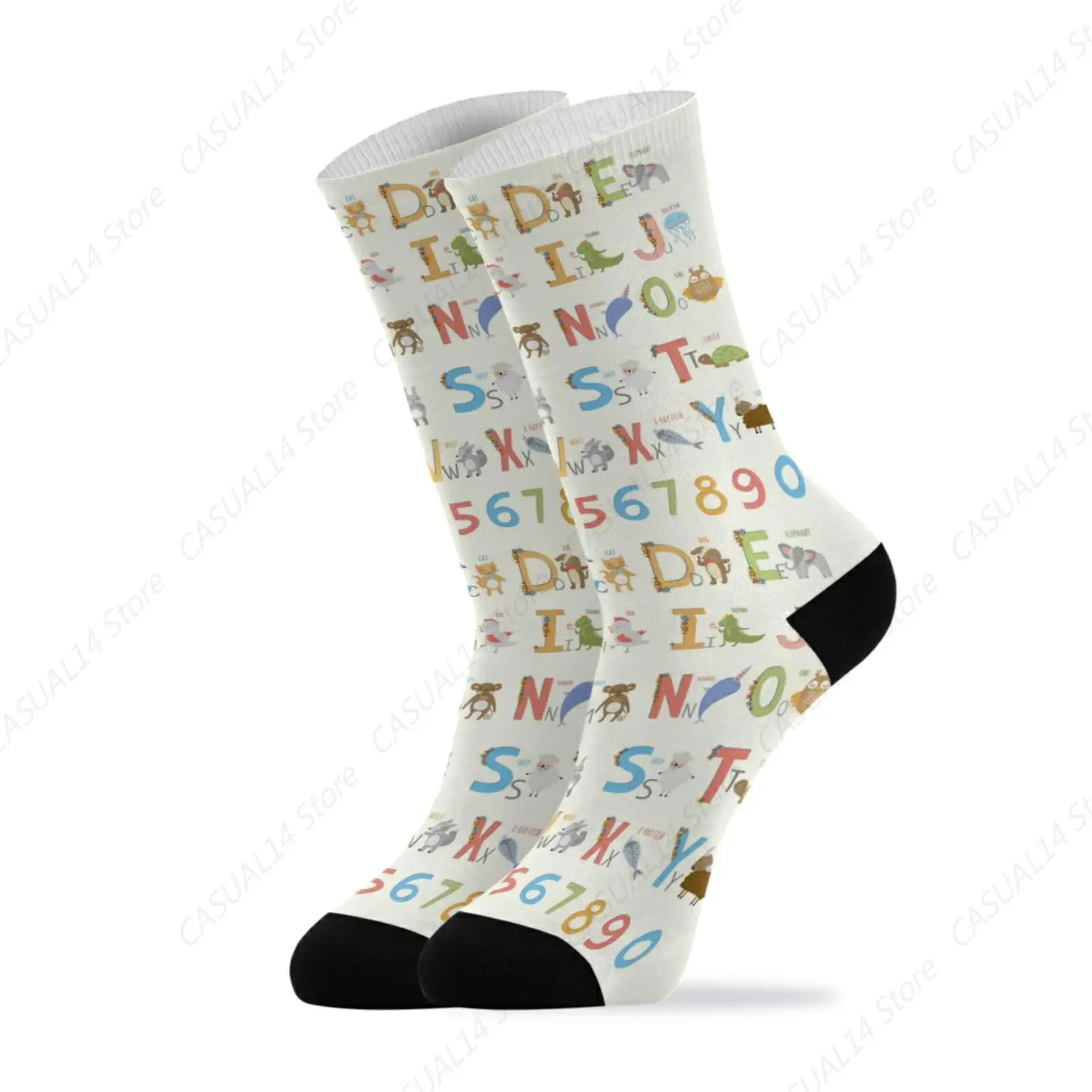 Colorful Alphabet Letters With Cartoon Animals Unisex Long Casual Socks Athletic Crew Socks For Women Men