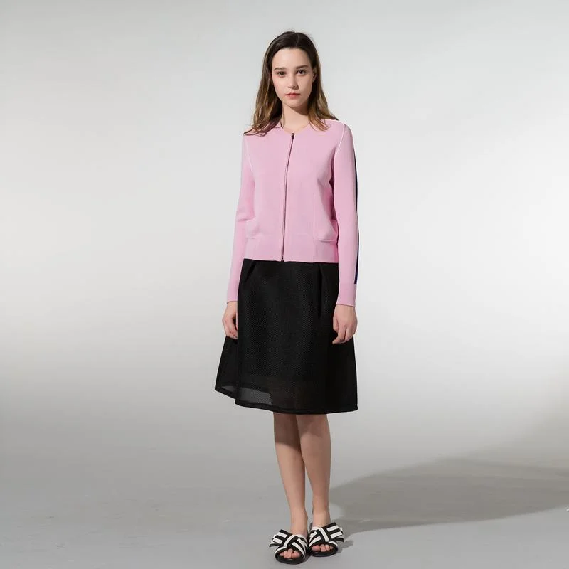 

Spring Themed Thin Knitted Baseball Collar Zipper Long Sve Open Cardigan Pink Color Women's Faion Spring Season Garment