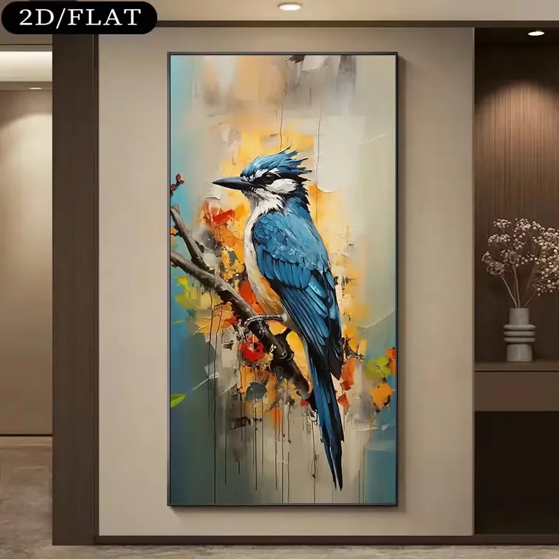 Large Canvas Wall Art - Blue Jay Tree Branch Modern Abstract Bird Painting, Turquoise & Golden Natural Print, Decorative Poster