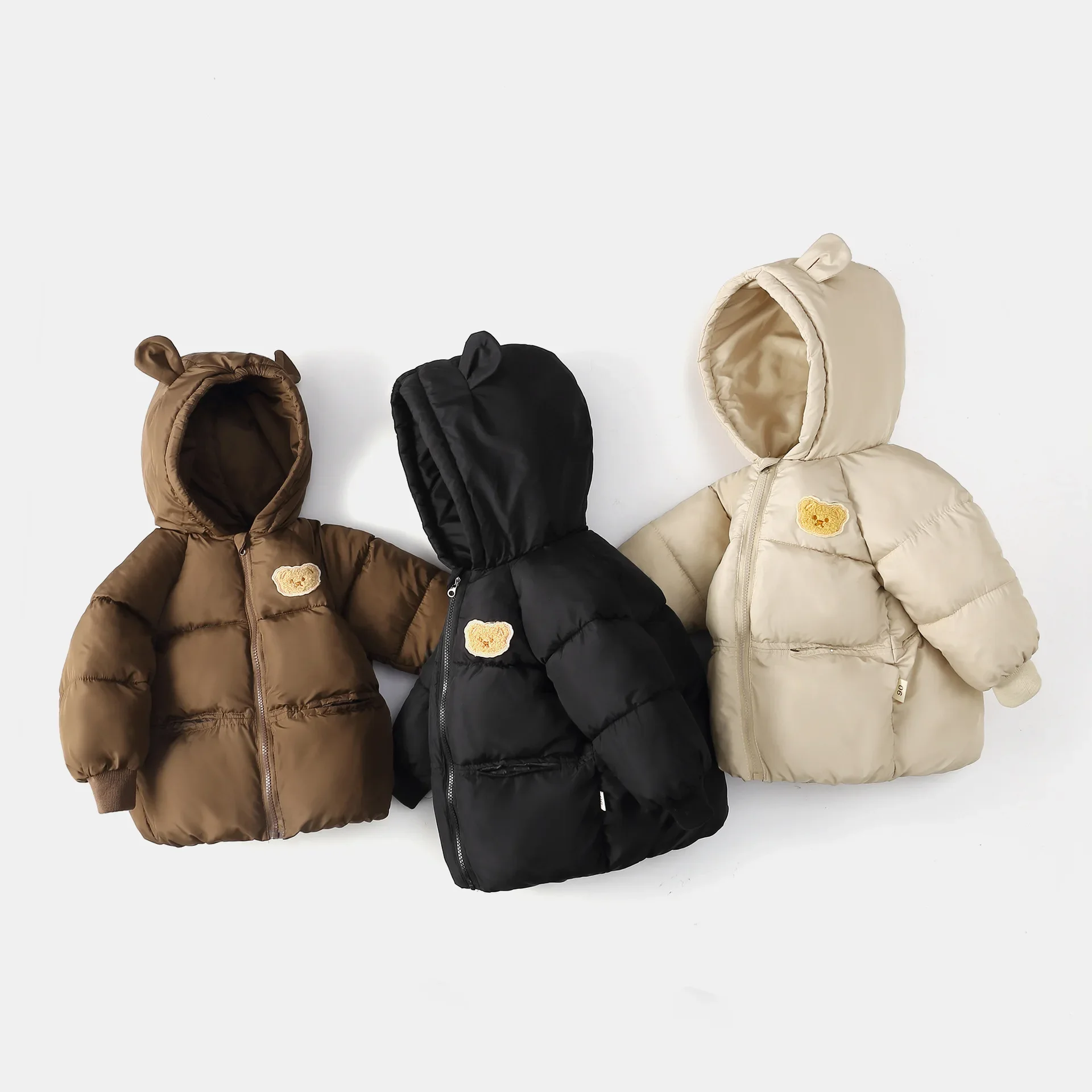 

2-6Y Kids Bear Hooded Puffer Jacket Winter Warm Coat with 3D Ears Cartoon Patch Cute Boys and Girls Clothing