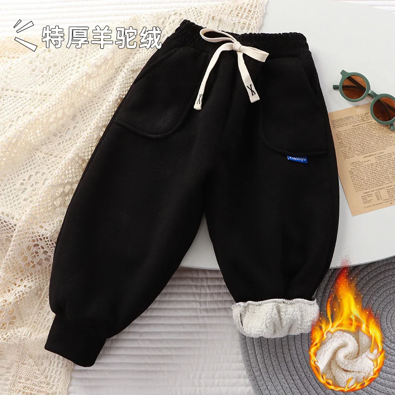 Kids Paded Pants Boys Girl Plus Velvet Thick Warm Trousers Autumn Winter Cotton Outer Wear Sport Casual Pants Children Clothes