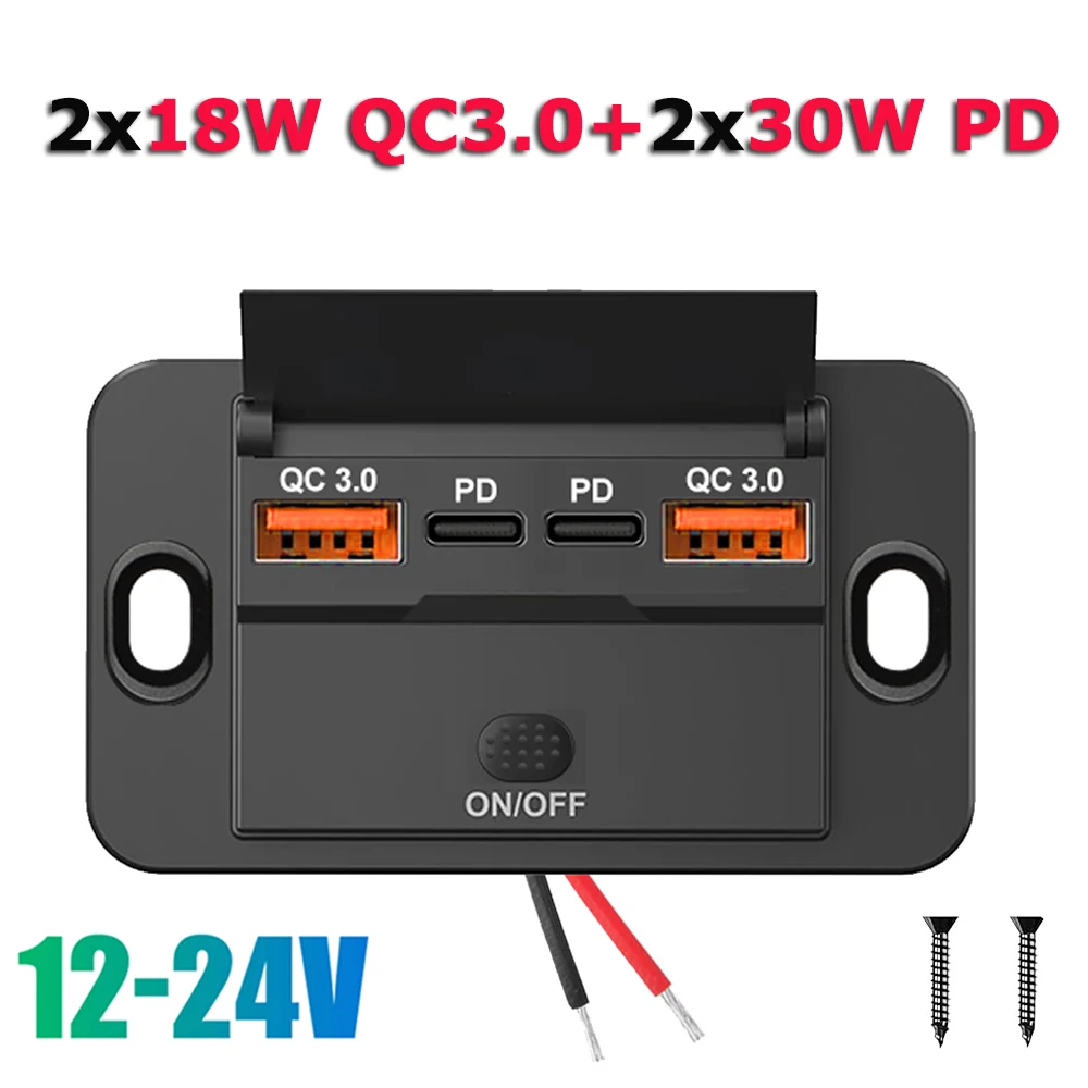 96W Dual PD Dual QC3.0 Type C USB Quick Charger 3.0 with Switch Fast Charging 4 Port Power Panel For Bus 12-24V Car Truck Marine