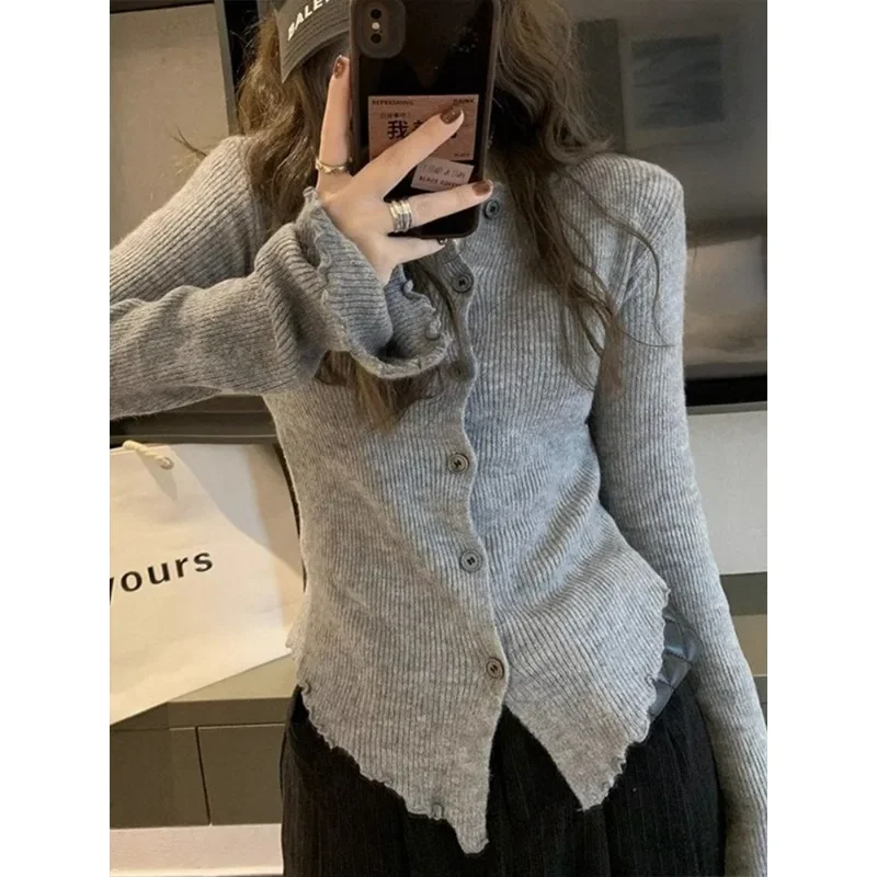 Y2k Grey Vintage Women Kint Sweater Harajuku Long Sleeve Cardigan Irregular Korean Fashion Slim Autumn Jerseys Casual