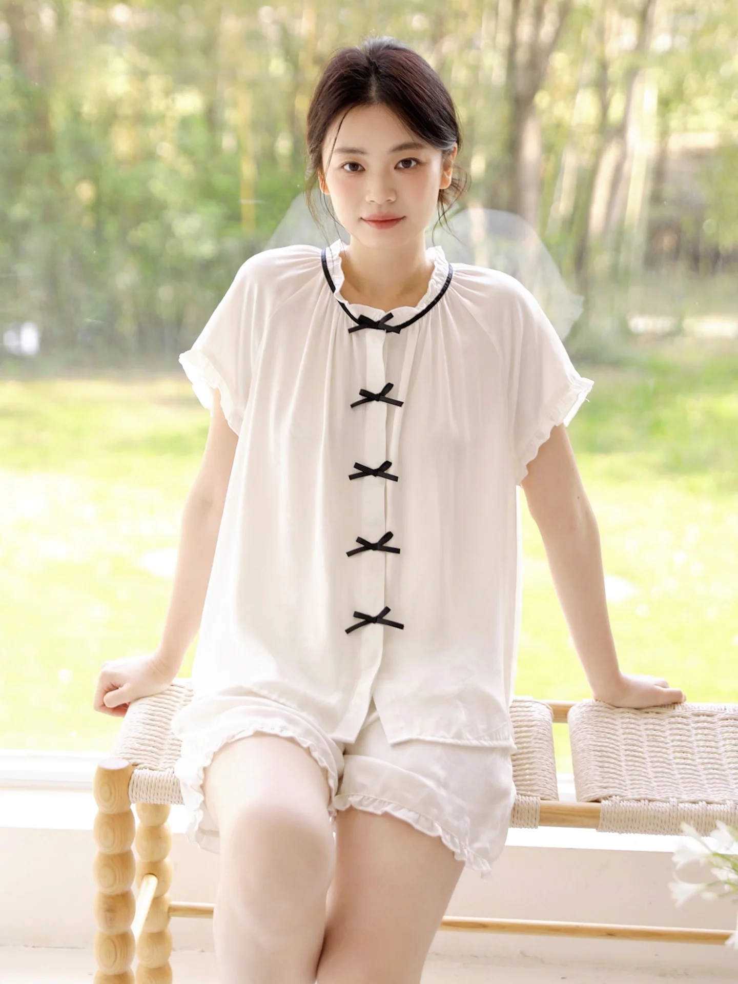 summer-cotton-satin-embroidered-fabric-beautiful-pure-color-small-fragrance-style-knot-short-sleeve-shorts-pajama-s