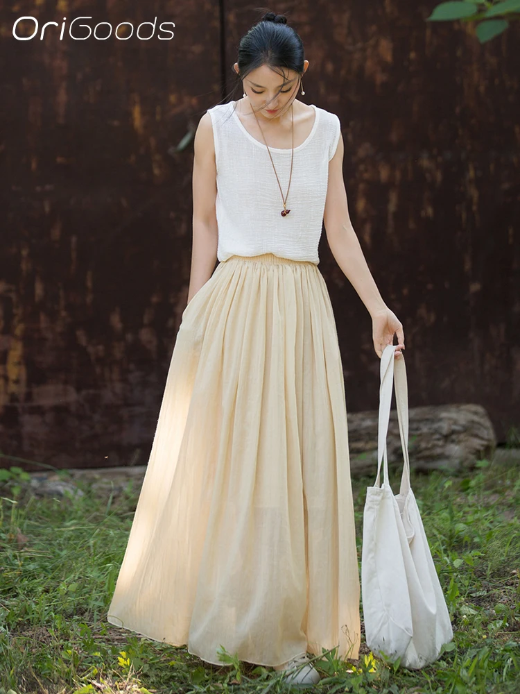 OriGoods Women Long Maxi Skirt Elastic Waist Loose Flowy Long Skirt Summer A-line Casual Lightweight Breathable Skirt B388