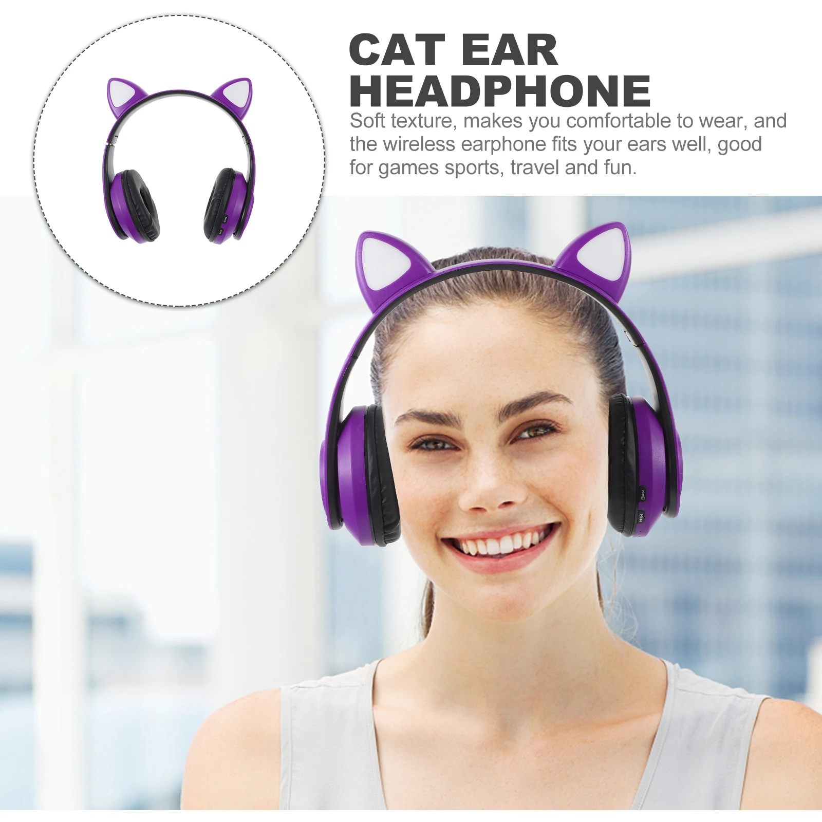 

Wireless Headphones Cat Ear Headset Purple Kids Gaming Cellphone Stereo Sound Low Power High Stability