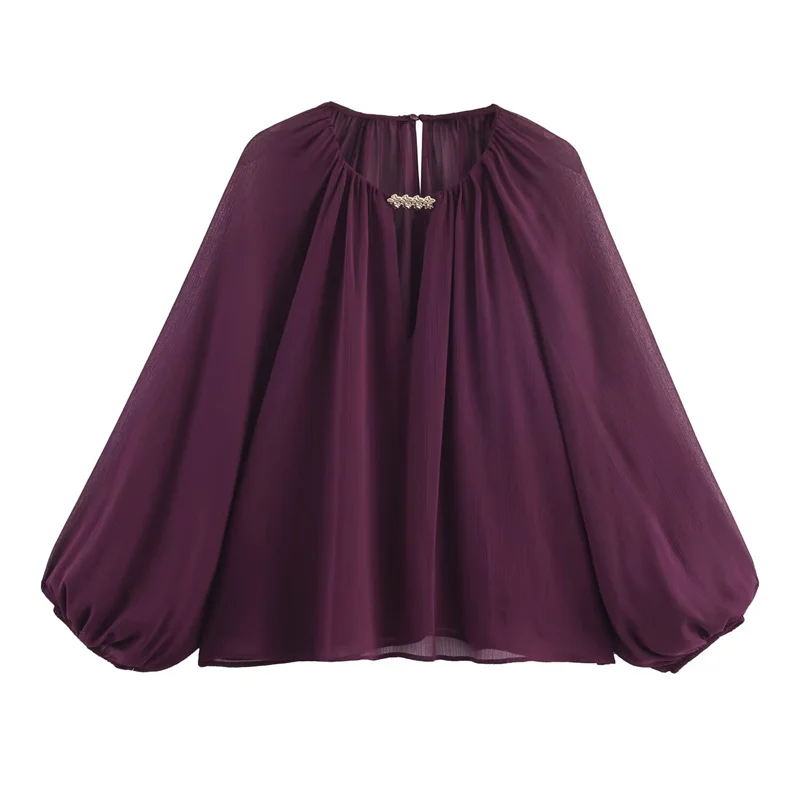 

Chiffon sheer semi-transparent shirt with gold metal embellishments autumn casual comfortable women's wear