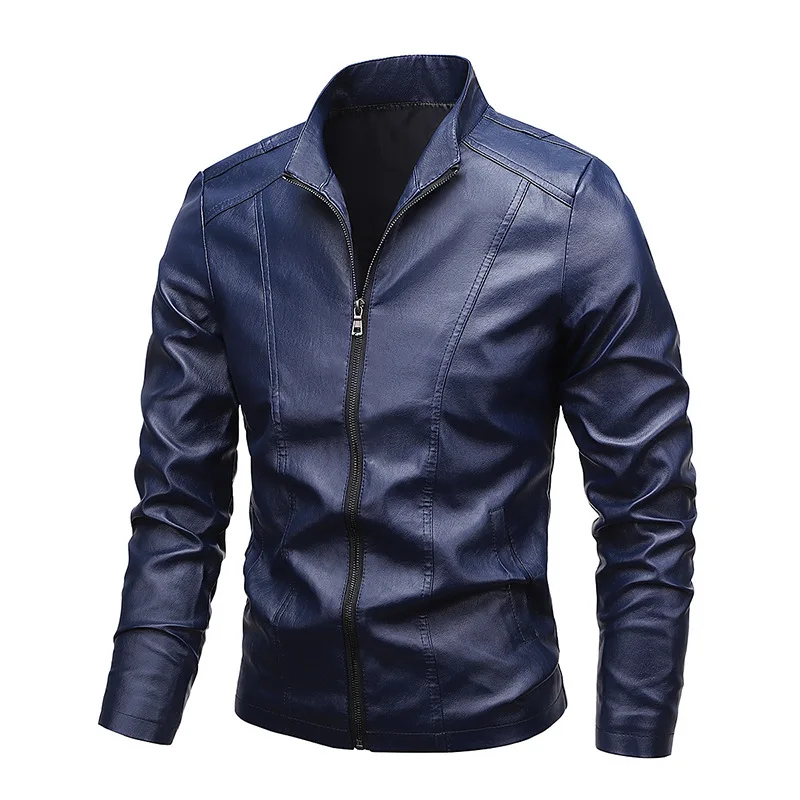 Herren-Motorrad-Lederjacke, 2024, Herbst, solide Slim-Fit, Reißverschluss, Stehkragen, winddicht, PU-Lederjacke, Mantel, Herrenbekleidung