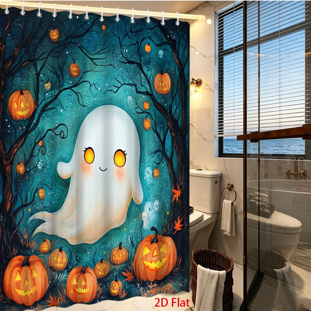 2D Flat, 1pc 2D Flat Halloween Ghost Shower Curtain Cute Spooky Ghosts with Pumpkins Autumn Fall Themed Bathroom Decor Polyester