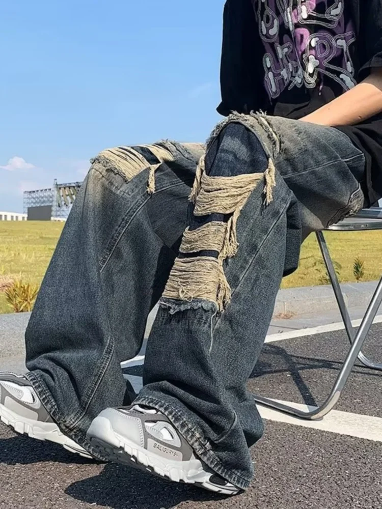 

Рваные джинсы мужские летние в американском стиле ретро, широкие брюки, модные свободные прямые повседневные длинные штаны