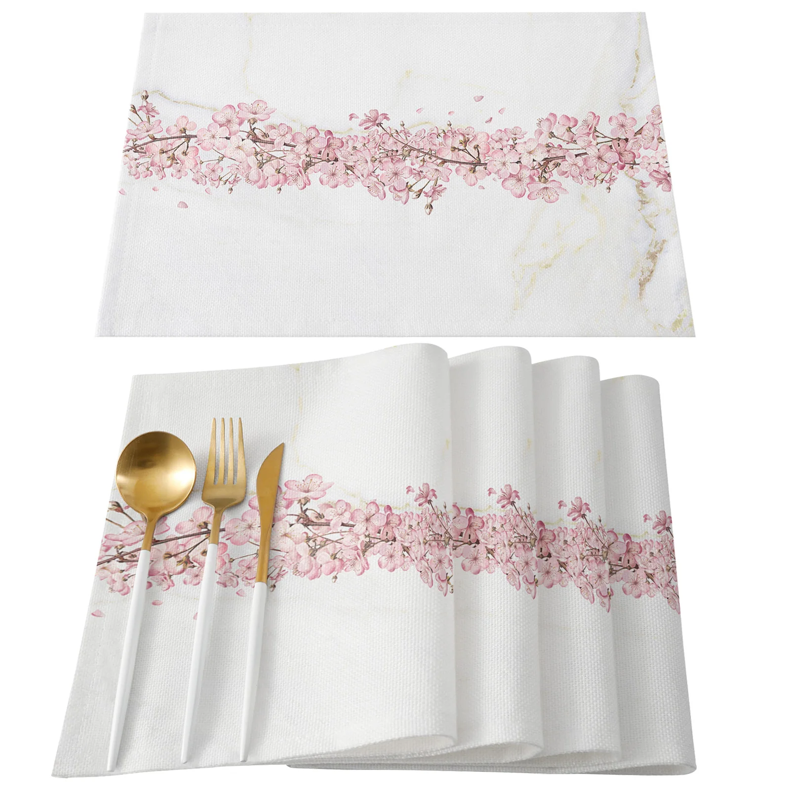 Flower Cherry Blossom Marble Texture Table Runner Home Wedding Table Mat Centerpieces Decoration Party Dining Long Tablecloth