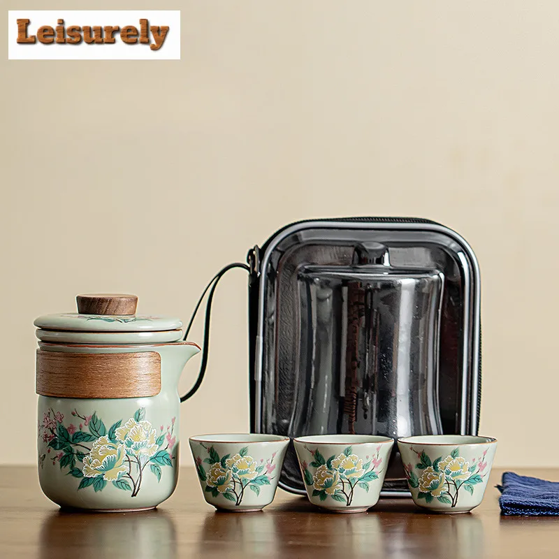 

Pea Greem Ru Kiln Hibiscus Mutabilis Чайный сервиз Бутик 1 горшок 3 чашки Чайник Портативный дорожный чайный сервиз Органайзер для кемпинга Сумки