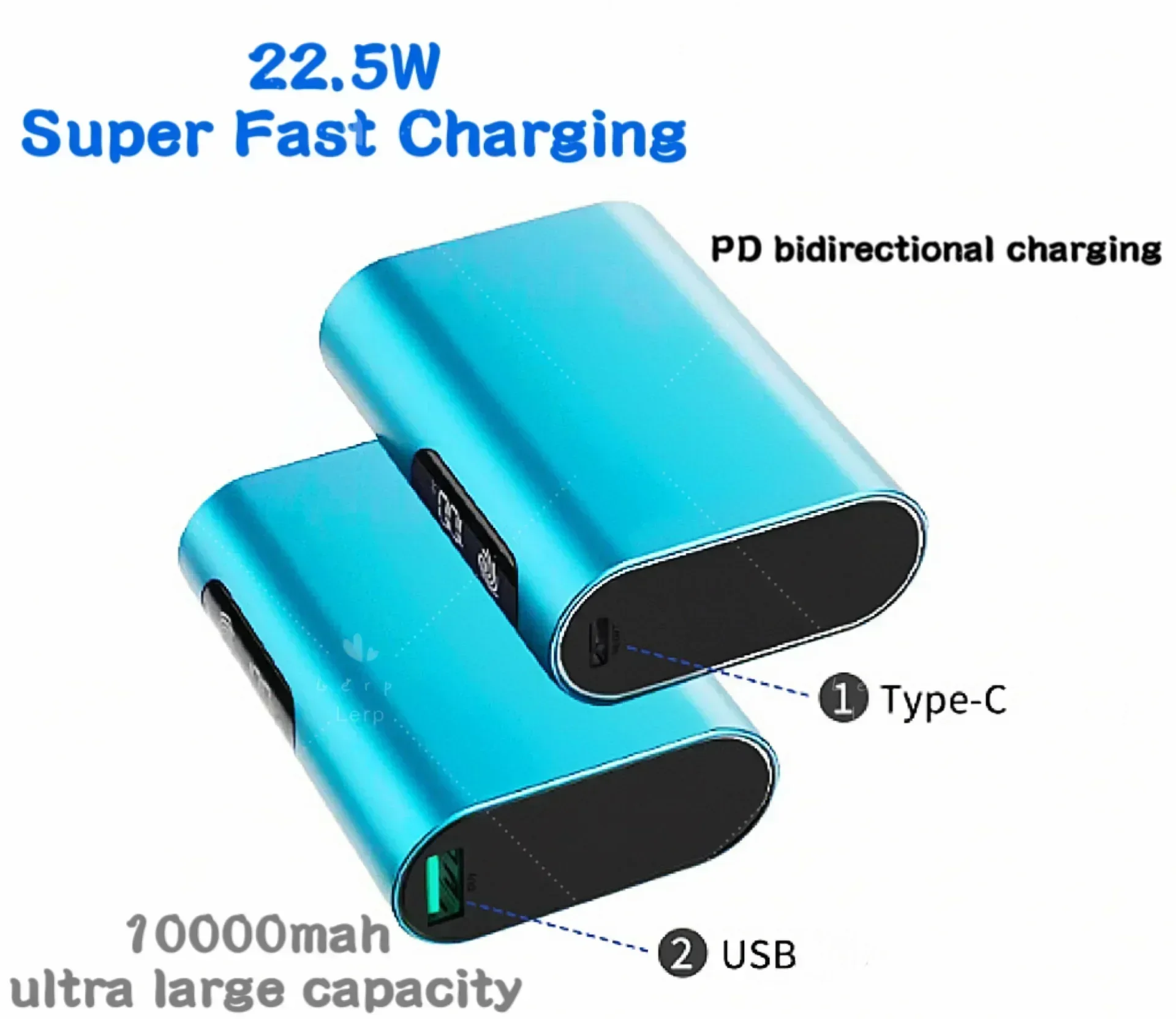 Compact aluminum alloy charging bank 10000mah digital display PD22.5W bidirectional QC3.0 fast charging mobile power supply lerp