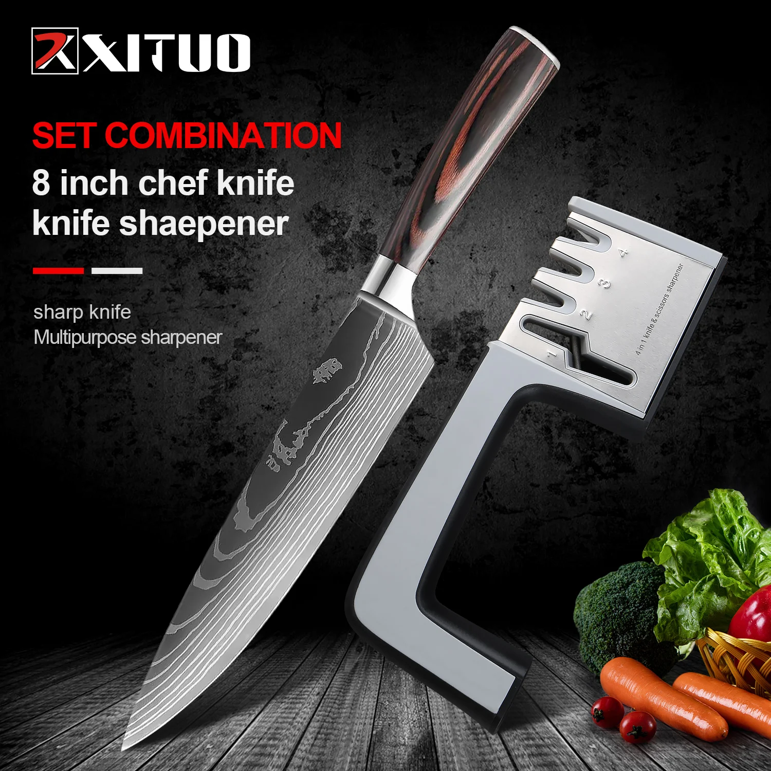 

XITUO Specialized 8 Inch Chef Knife And Knife Sharpener Stainless Steel Cleaver Slicing Utility Knives Cooking Tools Best Choice