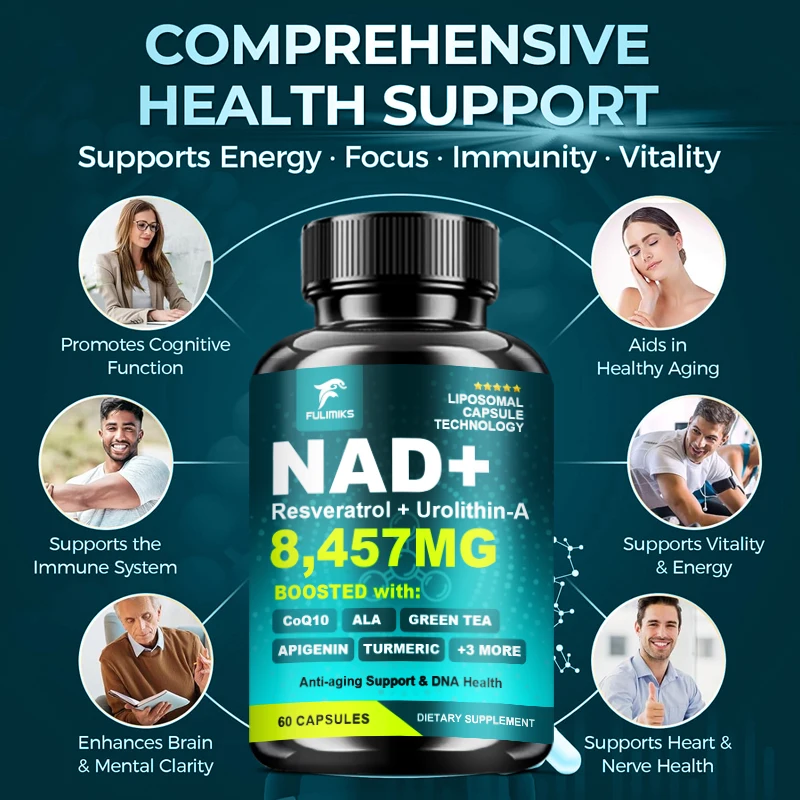NAD+ 8457mg Supplement Capsules, with Green Tea Leaf, Resveratrol, Supports Light, Brain & Healthy Aging, Focus, Memory Support
