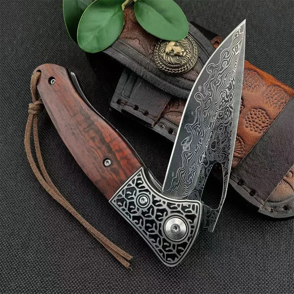 Top-quality Folding Pocket Knife Damascus Steel Blade Cedarwood Handle with Leather Sheath Outdoor EDC Survival Camping Tool