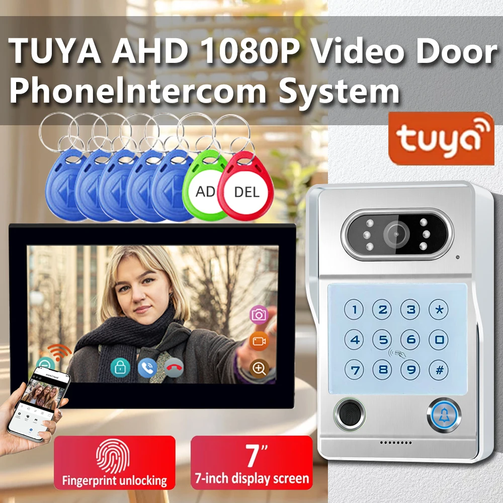 Videoportero Tuya de 7 Pulgadas, Intercomunicador con Visión Nocturna HD 1080P, Desbloqueo con Huella Dactilar, Contraseña y Tarjeta, Control Remoto por WiFi y Aplicación