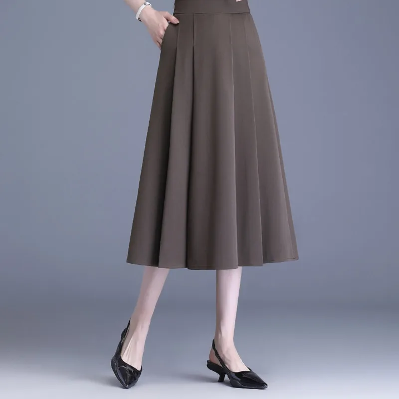 

#1639 Spring Office A-line Skirt Women Split Joint Pleated Skirt Female High Waisted Elegant Office Midi Skirt Femme Solid Color