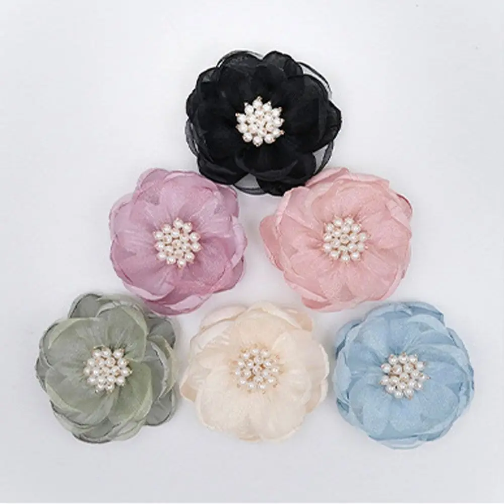 5Pcs Sewing Fabric 3D Chiffon Flower Beads Center DIY Artificial Flower Burnt Edge Hairpin DIY Sewing Applique