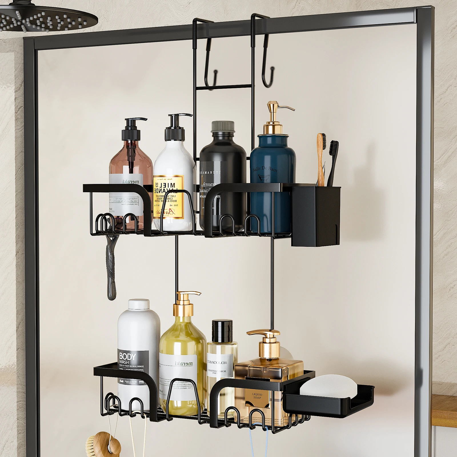 Support de salle de bain avec porte de douche en forme de V en fer plat